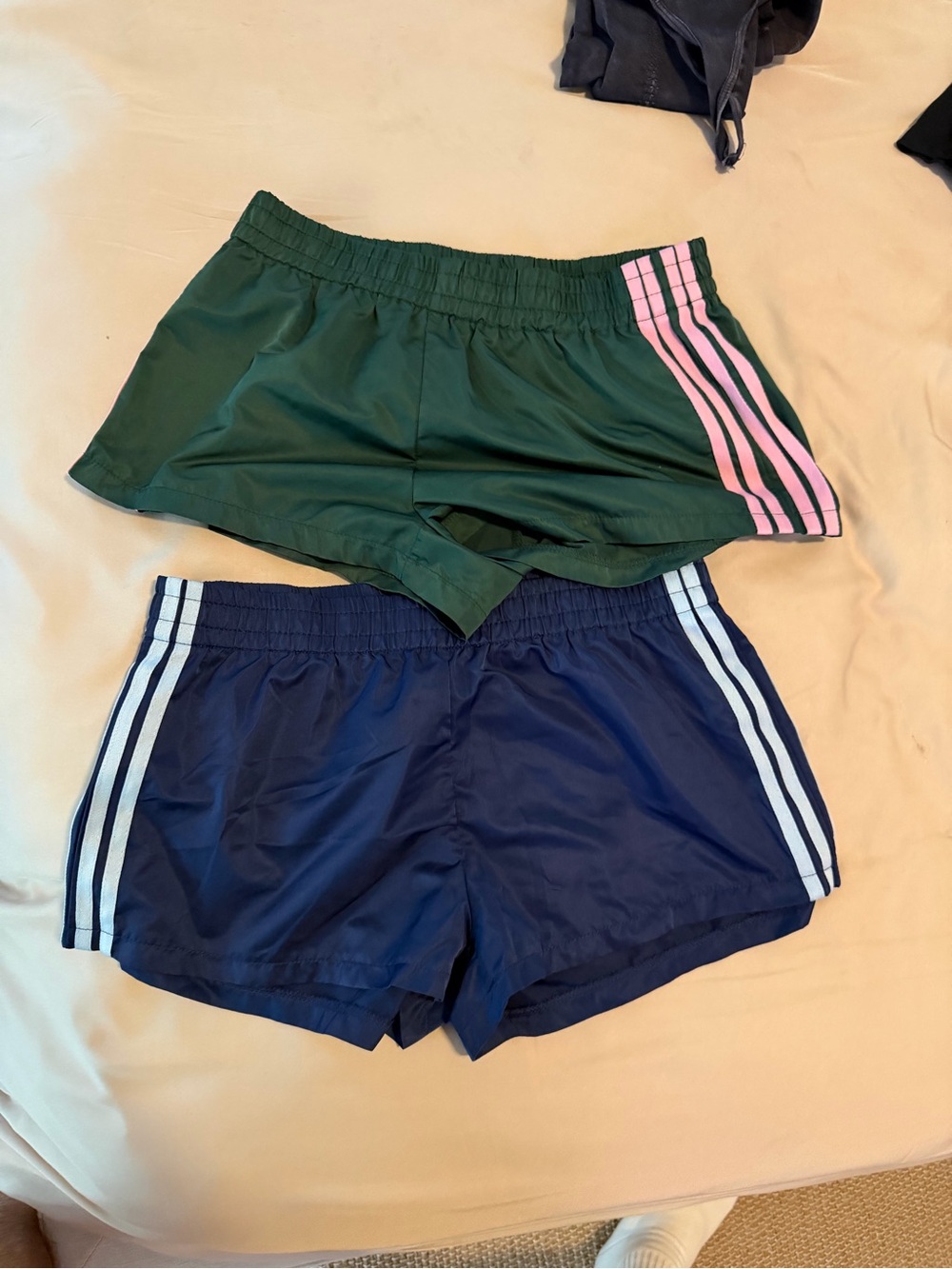 Green Running Shorts with Pink Side Stripes + Navy Shorts with White Stripes